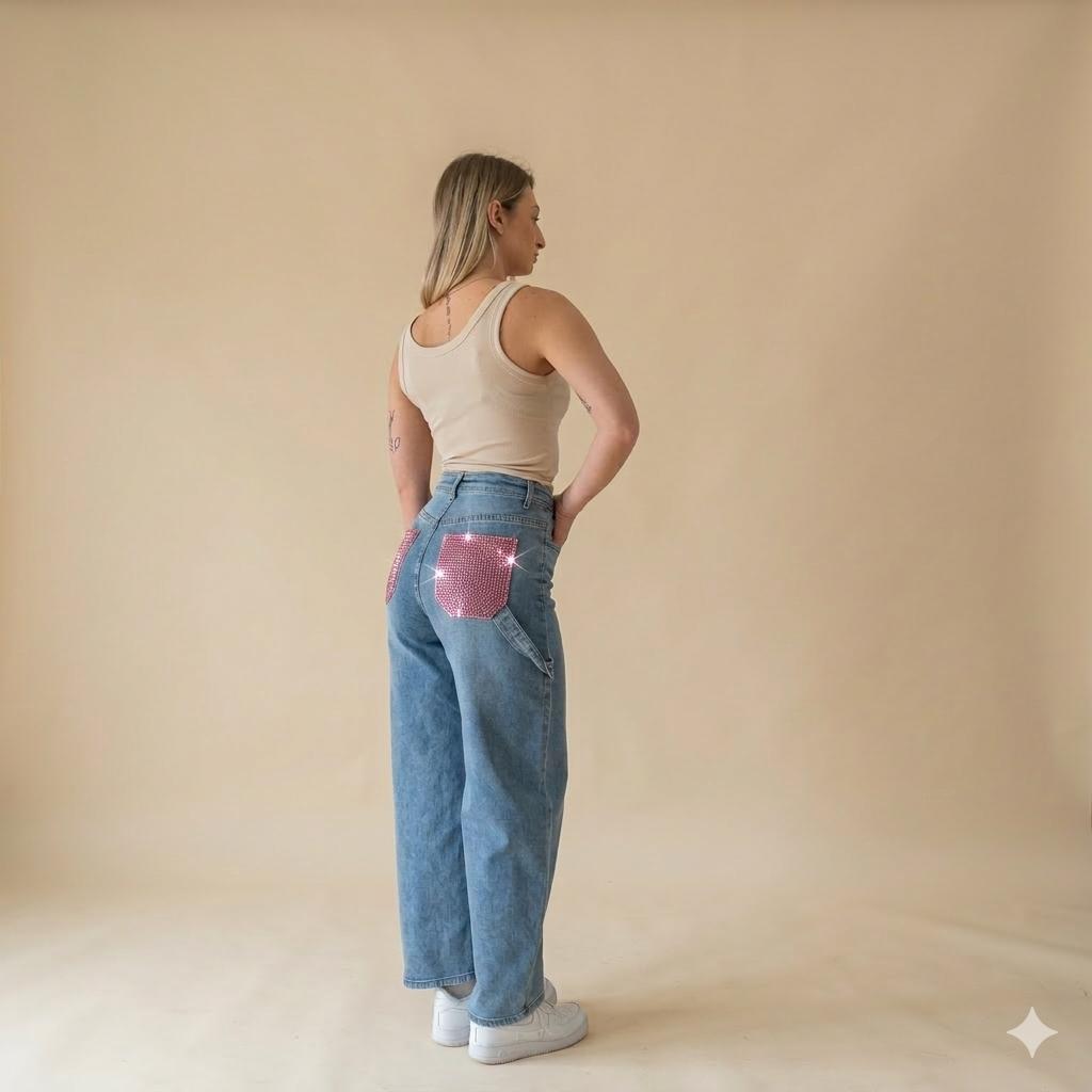 Jeans Ballon con Tasca Strass Rosa