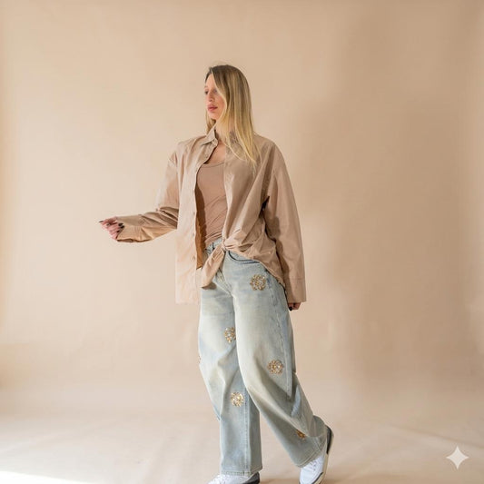 Jeans Ballon Sabbia a Vita Alta