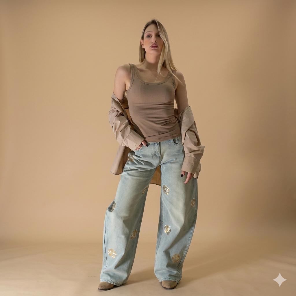 Jeans Ballon Sabbia a Vita Alta